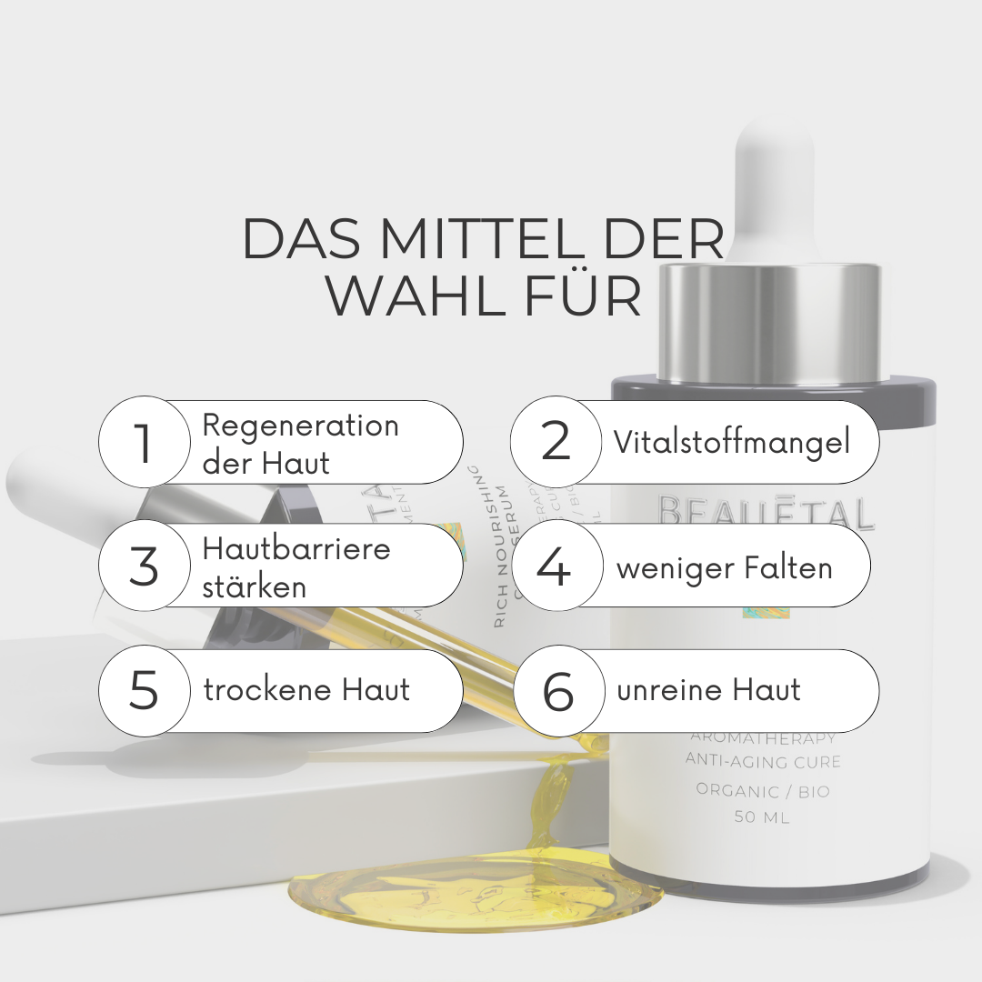 Rich Nourishing Cell Serum, vegane 2-in-1 Bio-Anti-Aging Gesichtskur für Regeneration, Kollagensynthese, Hauterneuerung, Hautelastizität & bei Stress