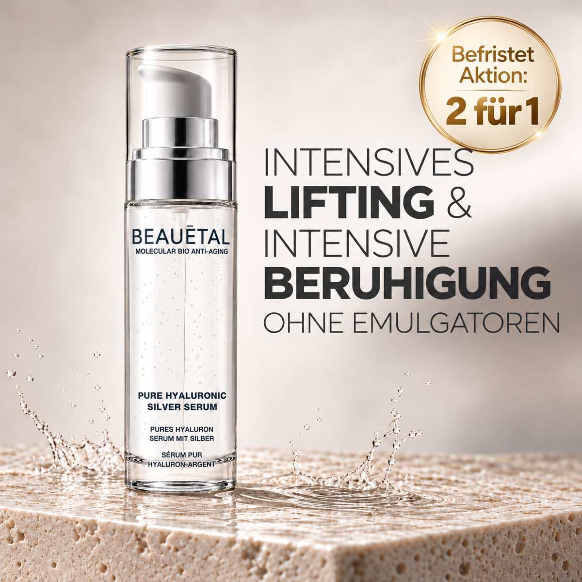 Pures Hyaluron Serum mit Silber: intensives Lifting und Beruhigung ohne Emulgatoren